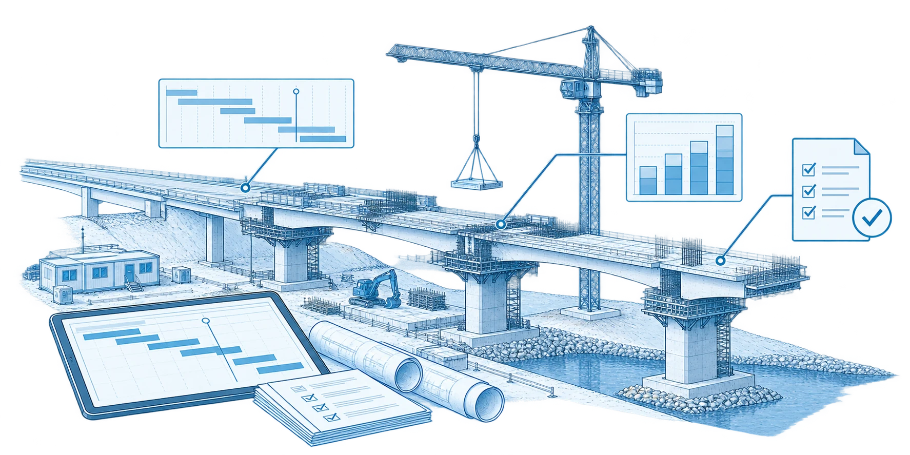 Ilustración técnica en azul de un puente en construcción conectado con la planificación, el control de costes y la validación de documentos.