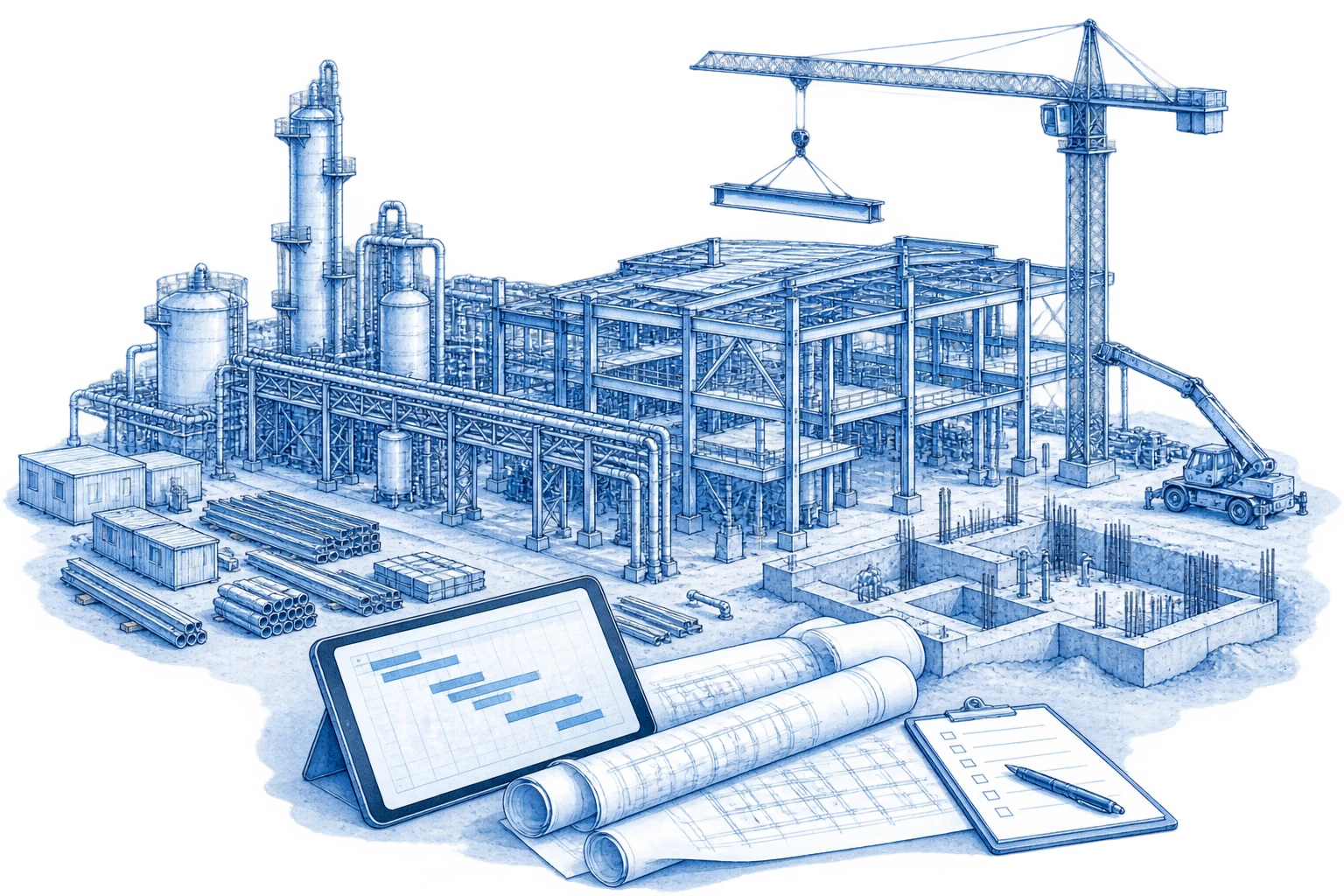 Ilustración técnica en azul de una instalación industrial en construcción, con grúa, estructuras, materiales y una tablet junto a planos y una hoja de control.