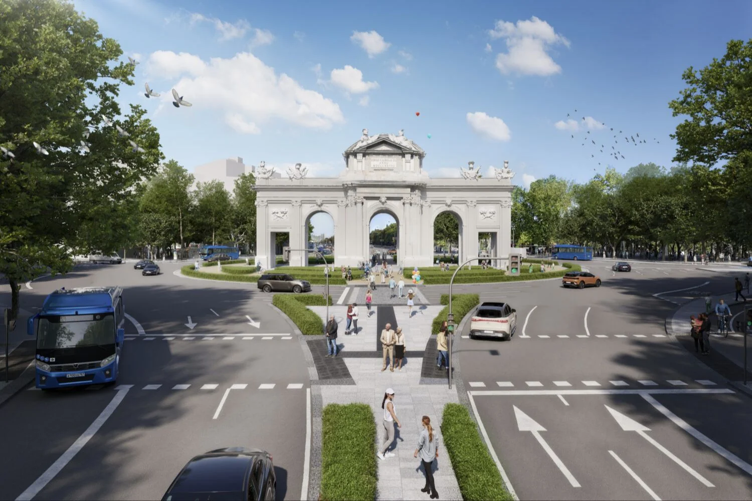 Visualización oficial del paseo central de la calle Alcalá y su conexión con la Puerta de Alcalá.