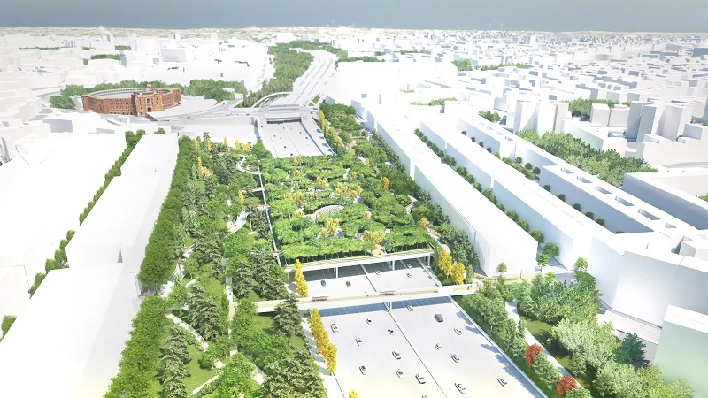 Visualización oficial de Parque Ventas, con el nuevo espacio verde sobre la M-30.